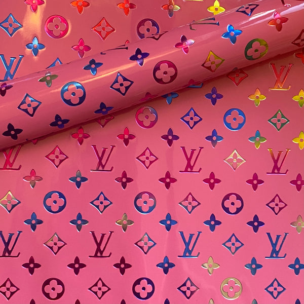 L V Multicoloured Foil Print on Pink Mirror